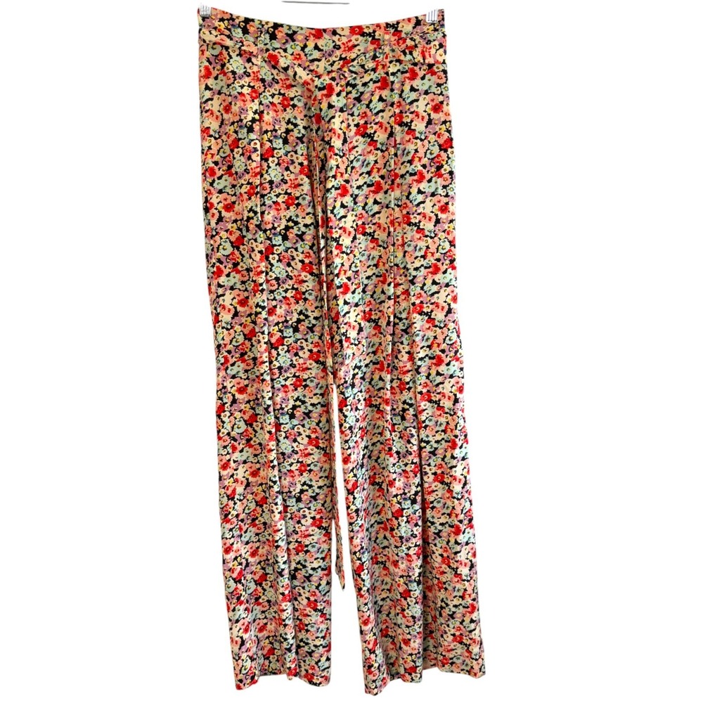 We Are Leone Silk Wide Leg‎ Front Tie Floral Pants Size M Resort Cruise Coastal